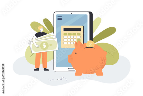 Man counting money using calculator flat vector illustration. Person calculating savings using mobile app. Finance, banking concept for banner, website design or landing web page