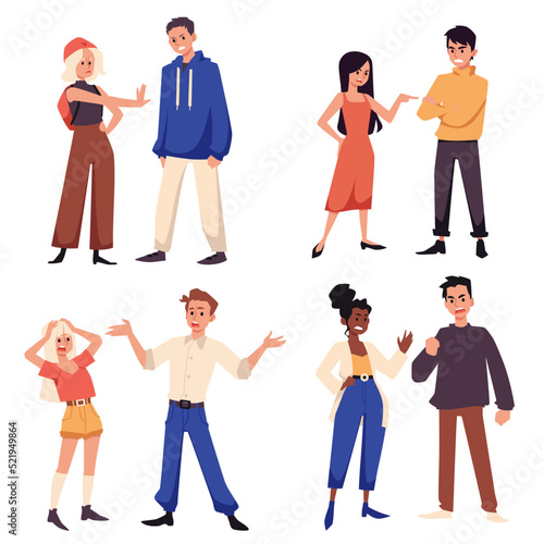 Conflict, angry people in quarrel, girls, guys in bad, toxic, relationship