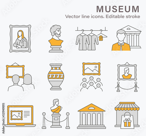 Museum icons, such as sculpture, gallery, exhibit, culture and more. Vector illustration isolated on white. Editable stroke.