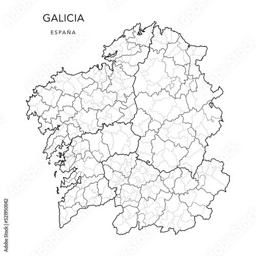 Geopolitical Vector Map of the Autonomous Community of Galicia (Galiza) with Provinces, Judicial Areas (Partidos Judiciales), Comarques (Comarcas) and Municipalities (Municipios) as of 2022 photo