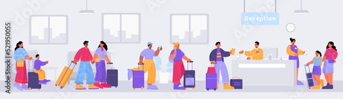 People queue at hotel reception, receptionist character stand behind of desk giving room key to guests at hall. Modern motel inn lobby interior. Hospitality, tourism Line art flat vector illustration