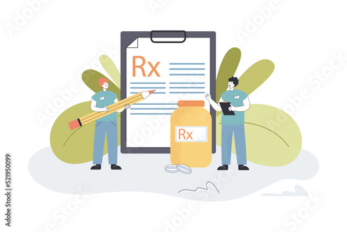 Tiny doctors writing medical prescription. Therapists prescribing medications for treatment flat vector illustration. Occupation, medicine concept for banner, website design or landing web page