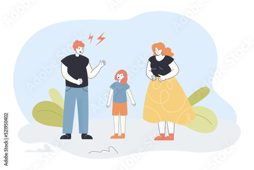 Father scolding daughter flat vector illustration. Little child standing between mother and dad and crying. Family, conflict, anger concept for banner, website design or landing web page
