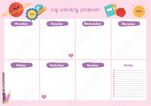 Colorful weekly planner for school, school timetable