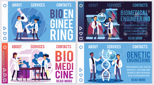 Scientists working on biomedical engineering, landing page templates, flat vector illustration.
