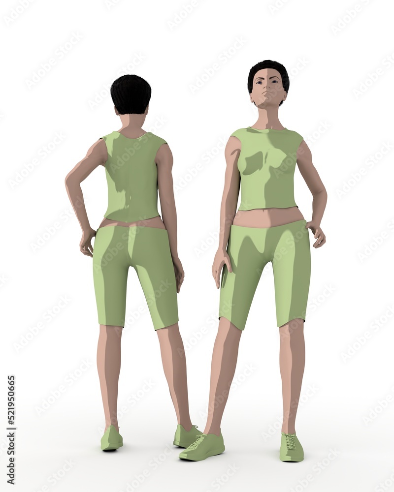 Two standing afro american women. Front and back view. Young woman wearing casual workout clothes. Sport fashion girl outline in urban casual style. 3D render