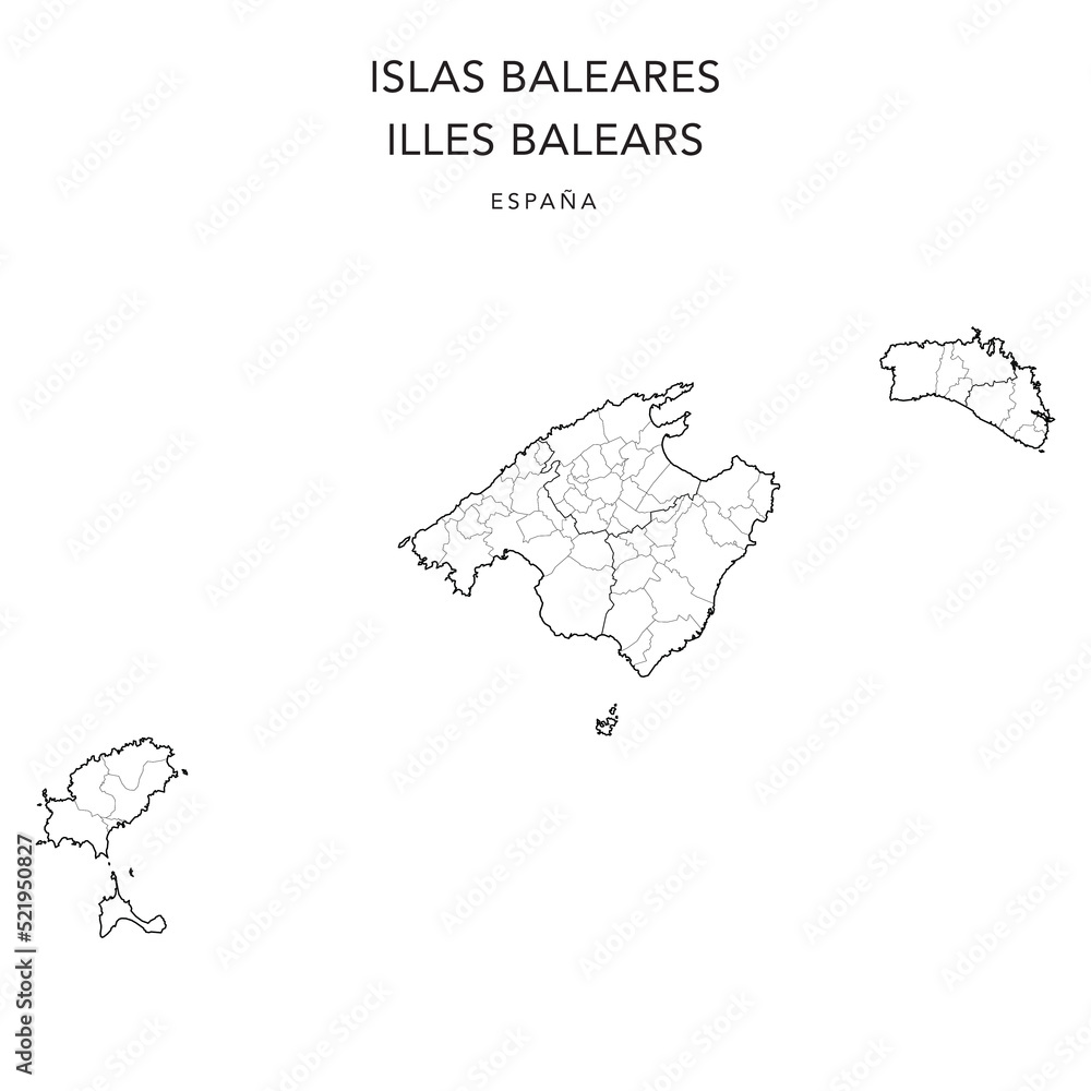 Obraz premium Geopolitical Vector Map of the Autonomous Community of the Balearic Islands (Islas Baleares or Illes Balears) with Judicial Areas and Municipalities (Municipios) as of 2022 - Spain