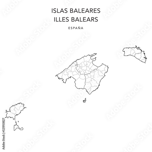 Geopolitical Vector Map of the Autonomous Community of the Balearic Islands (Islas Baleares or Illes Balears) with Judicial Areas and Municipalities (Municipios) as of 2022 - Spain photo