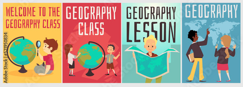 Geographic education for kids banners with children, flat vector illustration.