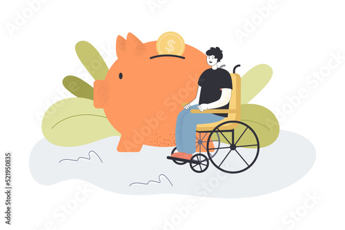 Man on wheelchair and piggy bank flat vector illustration. Person with disability saving money. Finance, banking, investment concept for banner, website design or landing web page