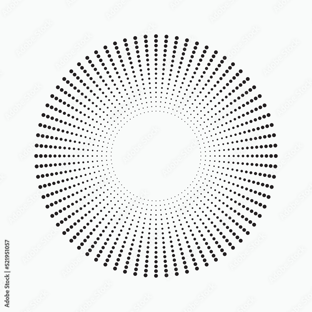 Halftone effect vector illustration. Black dots on white background. Black and white sunburst dotted background. Abstract dotted surface. Halftone effect explosion.