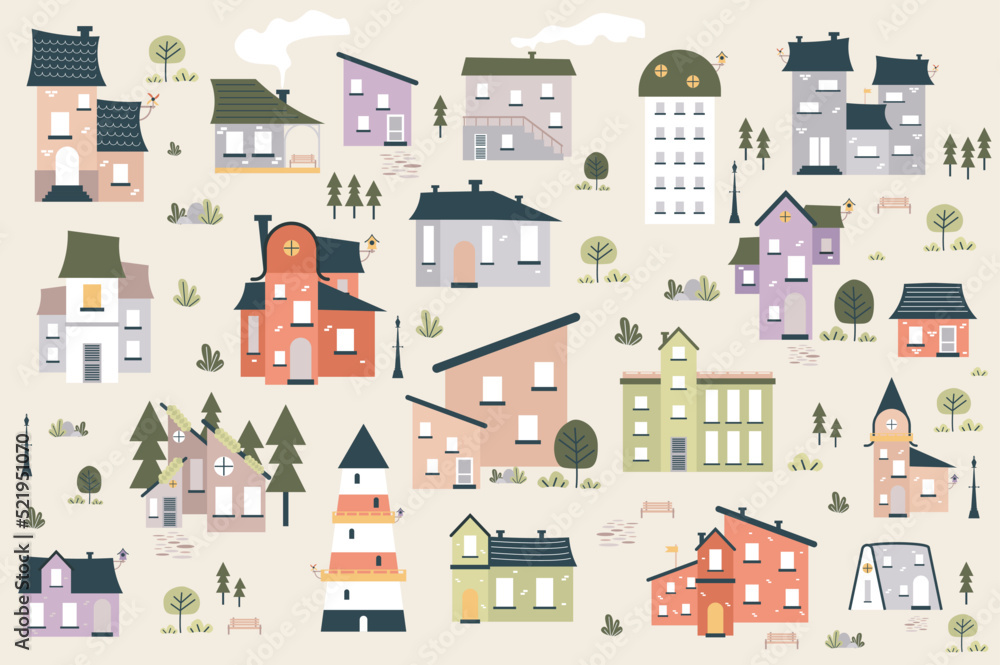 Different houses cute set in flat cartoon design. Bundle of apartment buildings, office towers, private homes of different structures and colors for cityscape. Vector illustration isolated elements Different houses cute set in flat cartoon design. Bundle of apartment buildings, office towers, private homes of different structures and colors for cityscape. Vector illustration isolated elements