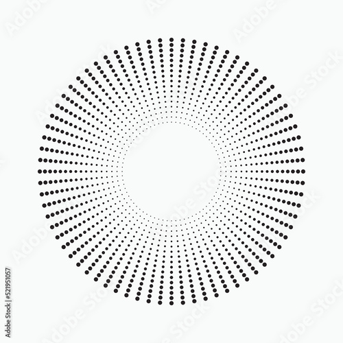 Halftone effect vector illustration. Black dots on white background. Black and white sunburst dotted background. Abstract dotted surface. Halftone effect explosion.