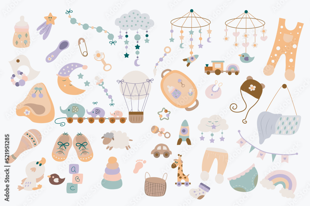 Newborn baby items cute set in flat cartoon design. Bundle of bottle, baby module, clothes, bib, pacifier, shoes, diapers, pants, toys, pyramid, hat and other. Vector illustration isolated elements