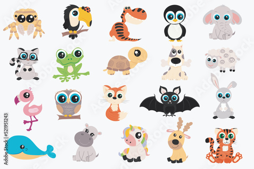 Cute animals set in flat cartoon design. Bundle of spider, toucan, dinosaur, penguin, elephant, cat, frog, turtle, dog, sheep, flamingo, owl, fox, bat and other. Vector illustration isolated elements