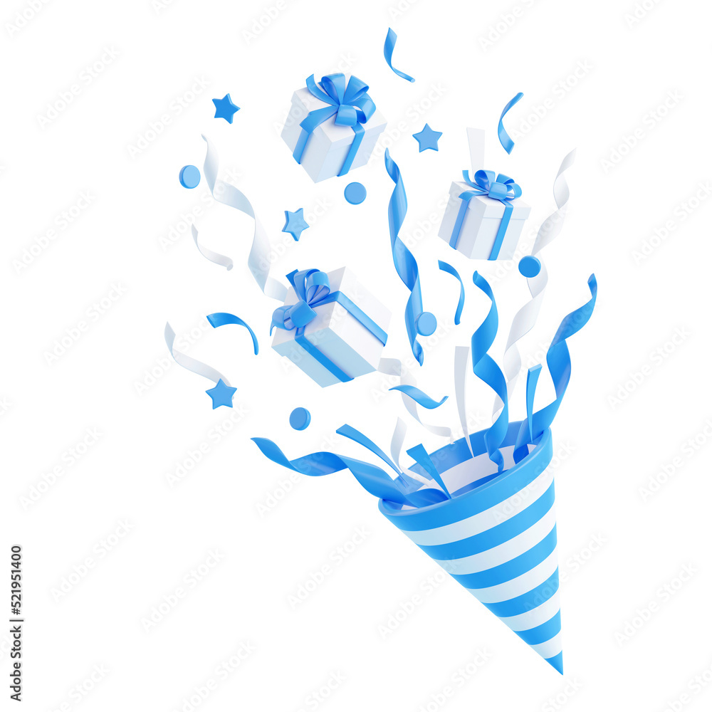 Party popper with flying confetti and gift boxes 3d render illustration