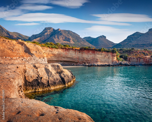 Sunny summer view of popular tourist destination - Geopark of Agios Nikolaos, also known as Petrified Forest. Nice morning scene of Peloponnese, Greece, Europe. Beauty of nature concept background..