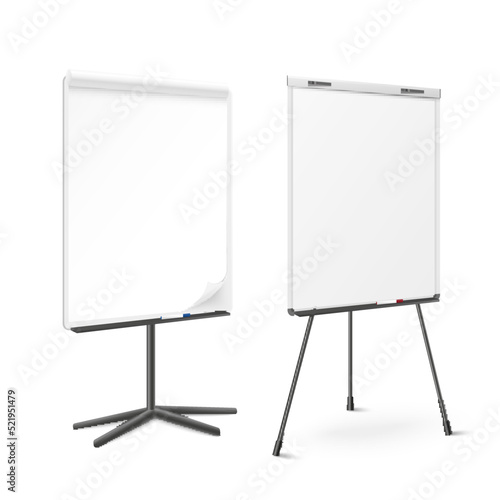 Flip chart on tripod in realistic vector illustration, whiteboard for lecture