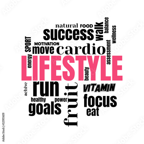 LIFESTYLE word cloud, sport, Success, Food concept.