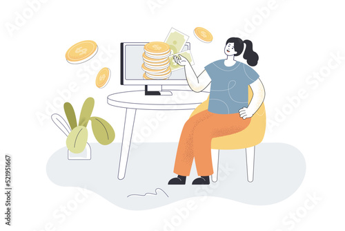 Woman receiving money from computer screen. Successful woman earning money on internet flat vector illustration. Finance, banking, investment concept for banner, website design or landing web page