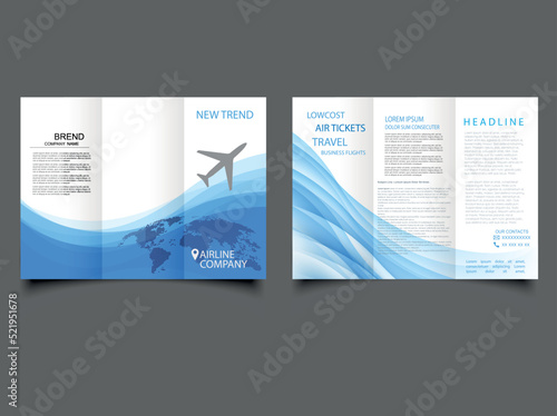 Trifold airline brochure. Brochure design template tri-fold airplane flight takeoff blue white color travel transportation