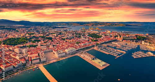Splendid summer view from flying drone of Trieste, Italy, Europe. Aerial seascape of Adriatic sea. Traveling concept background. photo