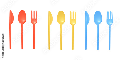 Disposable plastic cutlery set in colors, realistic vector illustration isolated.