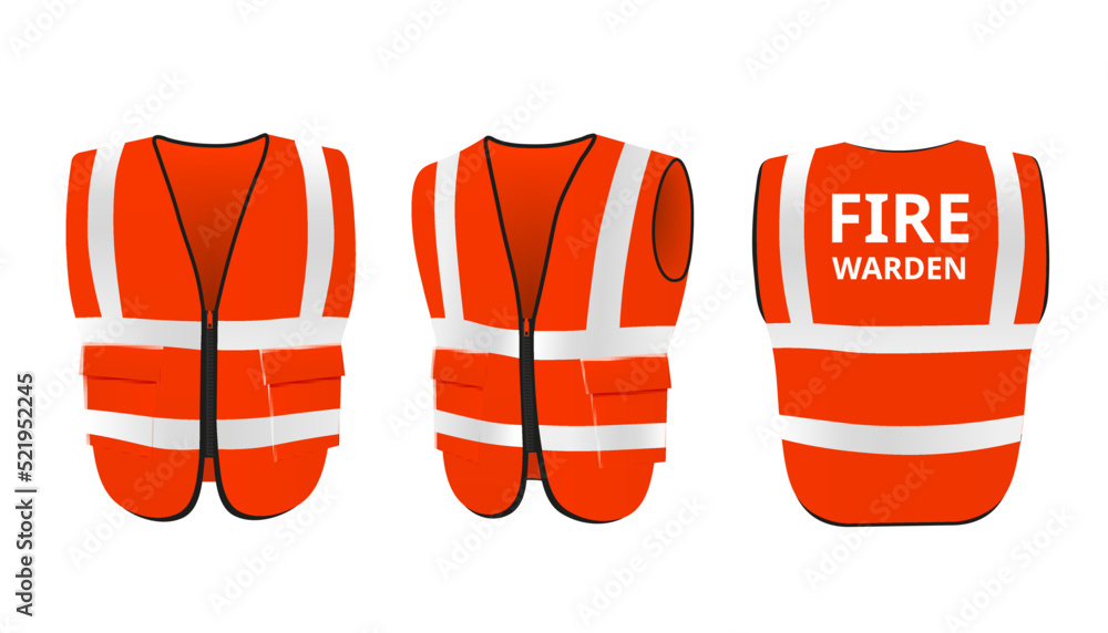 Safety fire warden vest templates set, realistic vector illustration