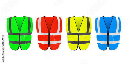 Green, red, yellow and blue safety vest vector mockup. Reflective bright fluorescent jacket for construction work, 3d.