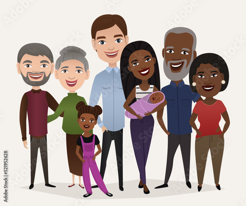 Big happy family isolated vector illustration. Mother, father, grandparents, children, brother, sister, children cartoon characters. Multi generation and multicultural family standing together.