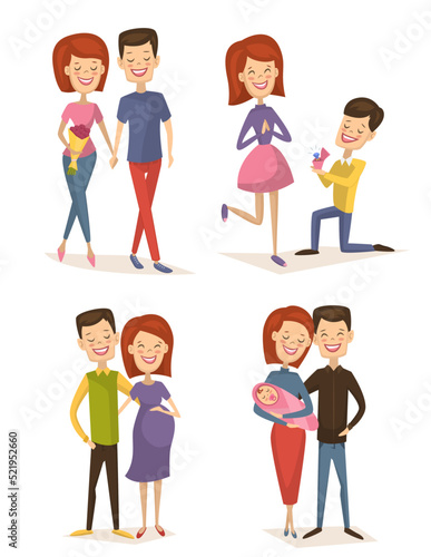 Happy young family couple set isolated vector illustration. Smiling boyfriend and girlfriend being happy, betrothed, marry, become pregnant and have baby. Cheerful young people, lovely family born