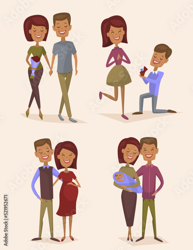 Happy young family couple set isolated vector illustration. Smiling boyfriend and girlfriend being happy, betrothed, marry, become pregnant and have baby. Cheerful young people, lovely family born