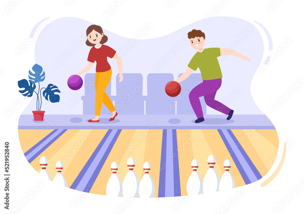 People Play Bowling Game Hand Drawn Cartoon Flat Design Illustration with Pins, Balls and Scoreboards in a Sport Club or Activity Competition