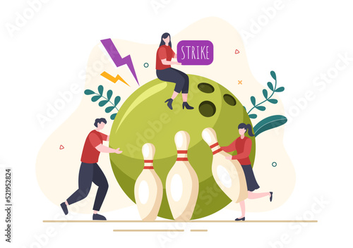 People Play Bowling Game Hand Drawn Cartoon Flat Design Illustration with Pins, Balls and Scoreboards in a Sport Club or Activity Competition