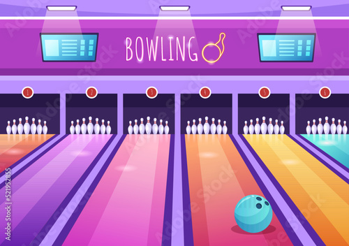 Bowling Game Hand Drawn Cartoon Flat Background Design Illustration with Pins, Balls and Scoreboards in a Sport Club or Activity Competition