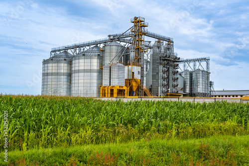 agro silos granary elevator with seeds cleaning line on agro-processing manufacturing plant for processing drying cleaning and storage of agricultural products in rye corn or wheat field