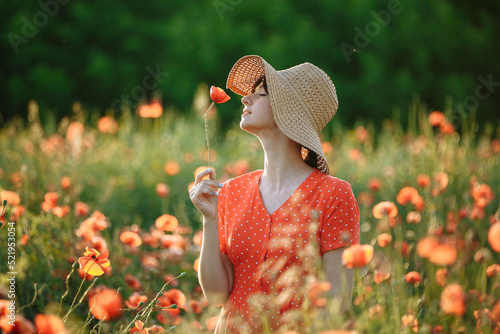 beautiful girl in a red dress on the background of a field of red poppies