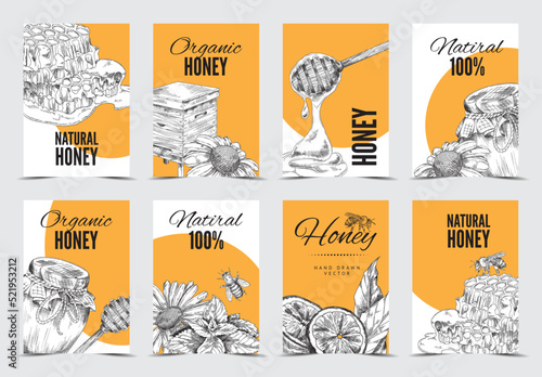 Honey hand drawn banners or badges set, sketch style vector illustration.