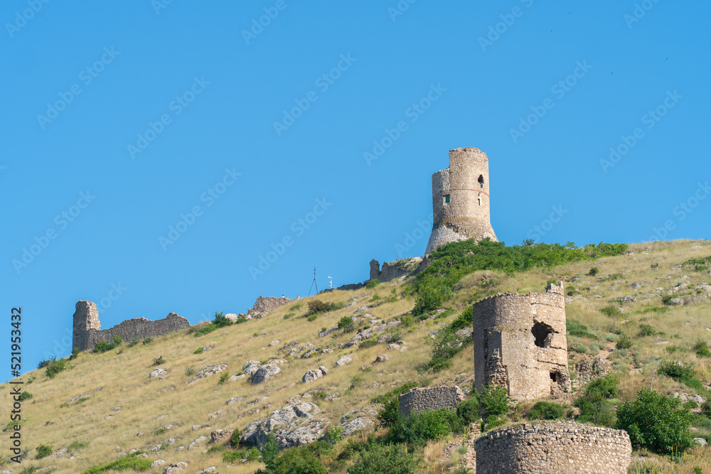 Fototapeta premium Crimea fortress balaklava flying cembalo bay balaclava mountain port sea, for shore summer from travel and architecture building, coast seascape. Crimean russia panoramic,