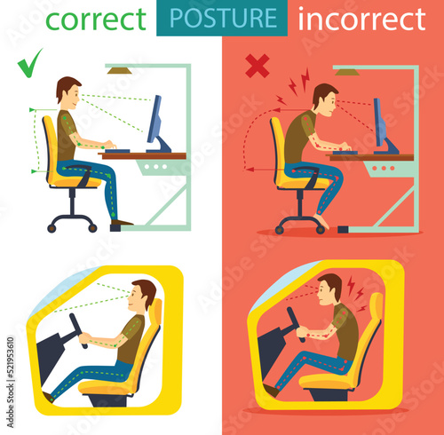 Correct and incorrect sitting posture isolated vector illustration. Body alignment in sitting working with computer and in car. Medical infographics with spine person sit correct and wrong position.