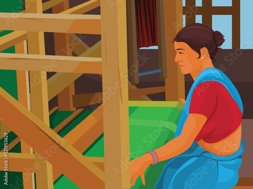 Indian woman, Traditional handloom weaver, village local weavers making cloth for scarves