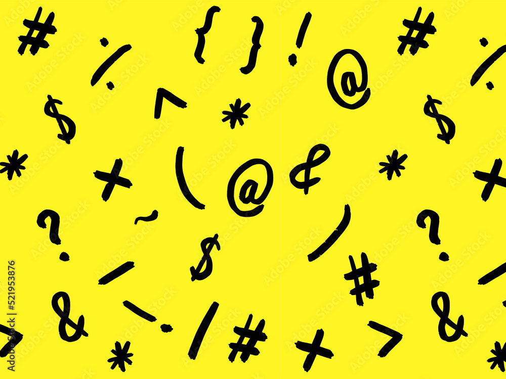 pattern with the image of keyboard symbols. Punctuation marks. Template for applying to the surface. yellow background pattern with the image of keyboard symbols. Punctuation marks. Template for applying to the surface. yellow background