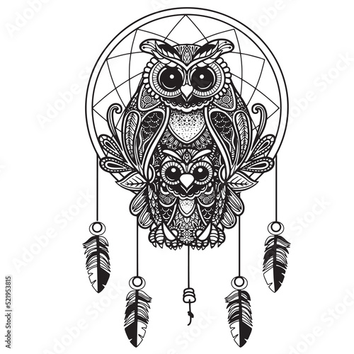 OWL and Dream catcher Black white hand drawn doodle. Ethnic patterned vector illustration.