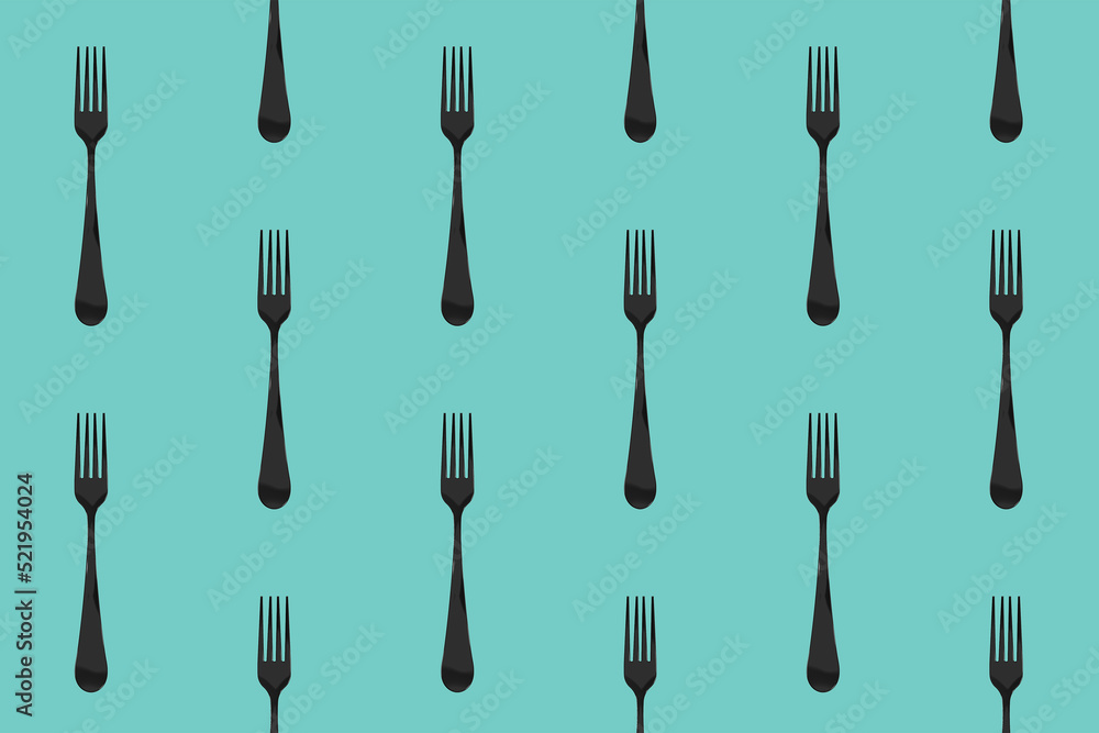 pattern. Fork top view on pastel green blue background. Template for applying to surface. Square image. Flat lay. 3D image. 3D rendering. pattern. Fork top view on pastel green blue background. Template for applying to surface. Square image. Flat lay. 3D image. 3D rendering.
