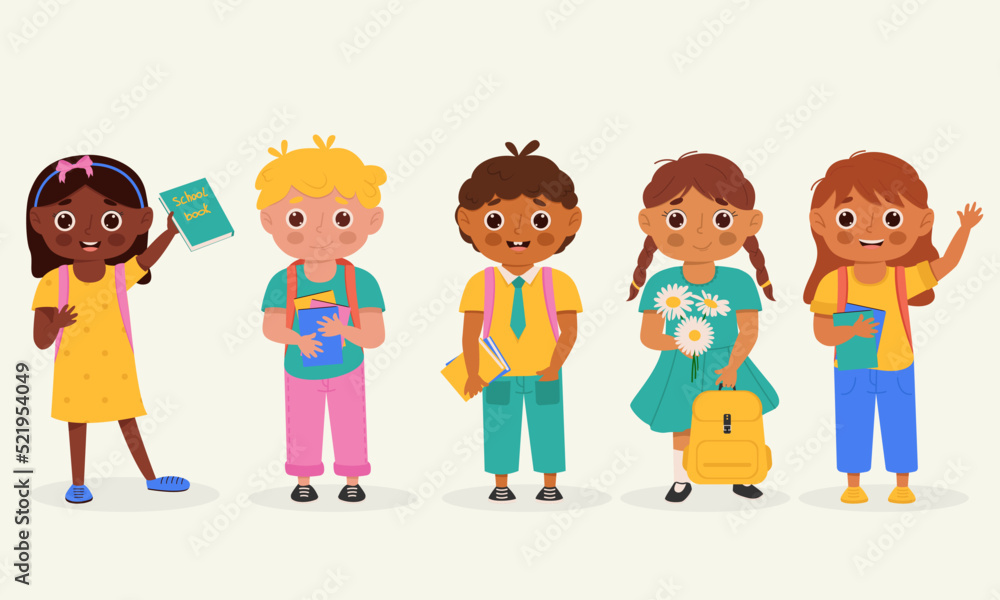 Set of school kids with school supplies. Kids with backpack and book. Colorful cartoon characters. Flat vector illustration.