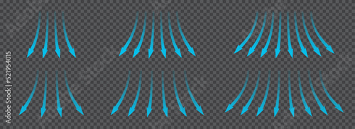 Air flow. Set of blue arrows showing direction of air movement. Wind direction arrows. Blue cold fresh stream from the conditioner. Vector illustration isolated on transparent background.
