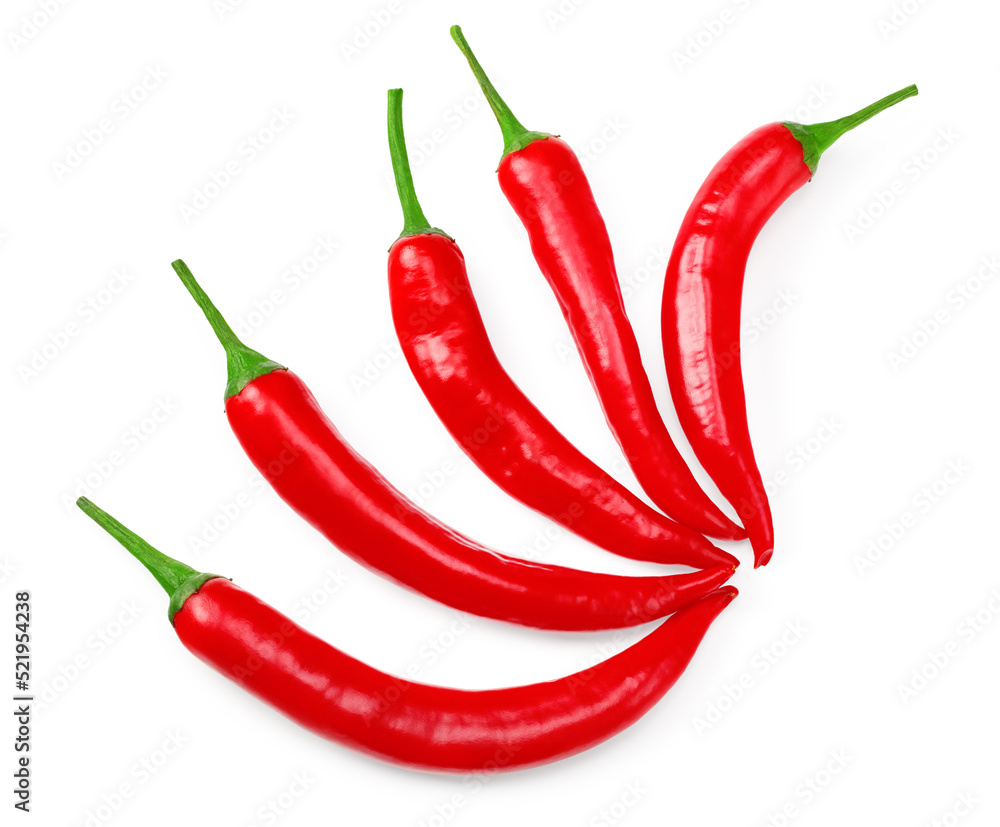 red hot chili pepper isolated on white background. macro. clipping path. top view