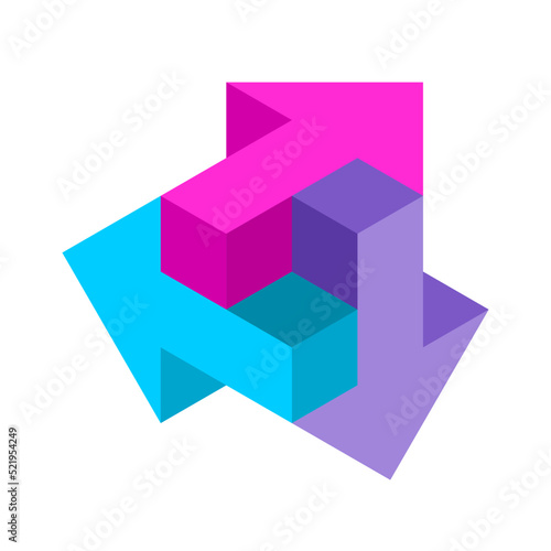 Colorful impossible arrows. Three 3D arrows make union. Mobile app design element. Creative business logo. Choosing right direction concept. Making decision or choice. Vector illustration, clip art. 