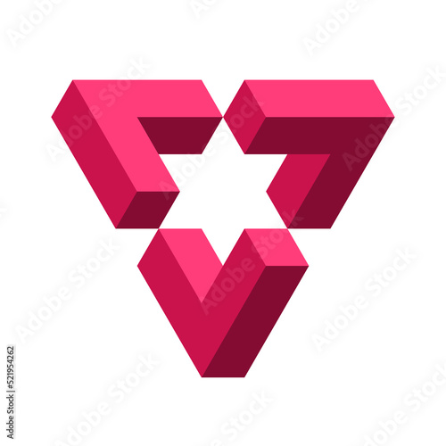 Impossible red triangle. Penrose shape. Esher geometric object. Optical illusion visual effect. Logo template made of three symmetric parts with star in the middle. Vector illustration, 3D, clip art. 