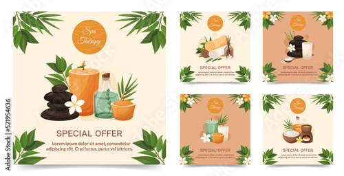 Social media post spa templates collection Special offer banner design with flowers, tropical leaves, aroma candles, hot stones. Salon therapy, relax, natural products, beauty care vector illustration